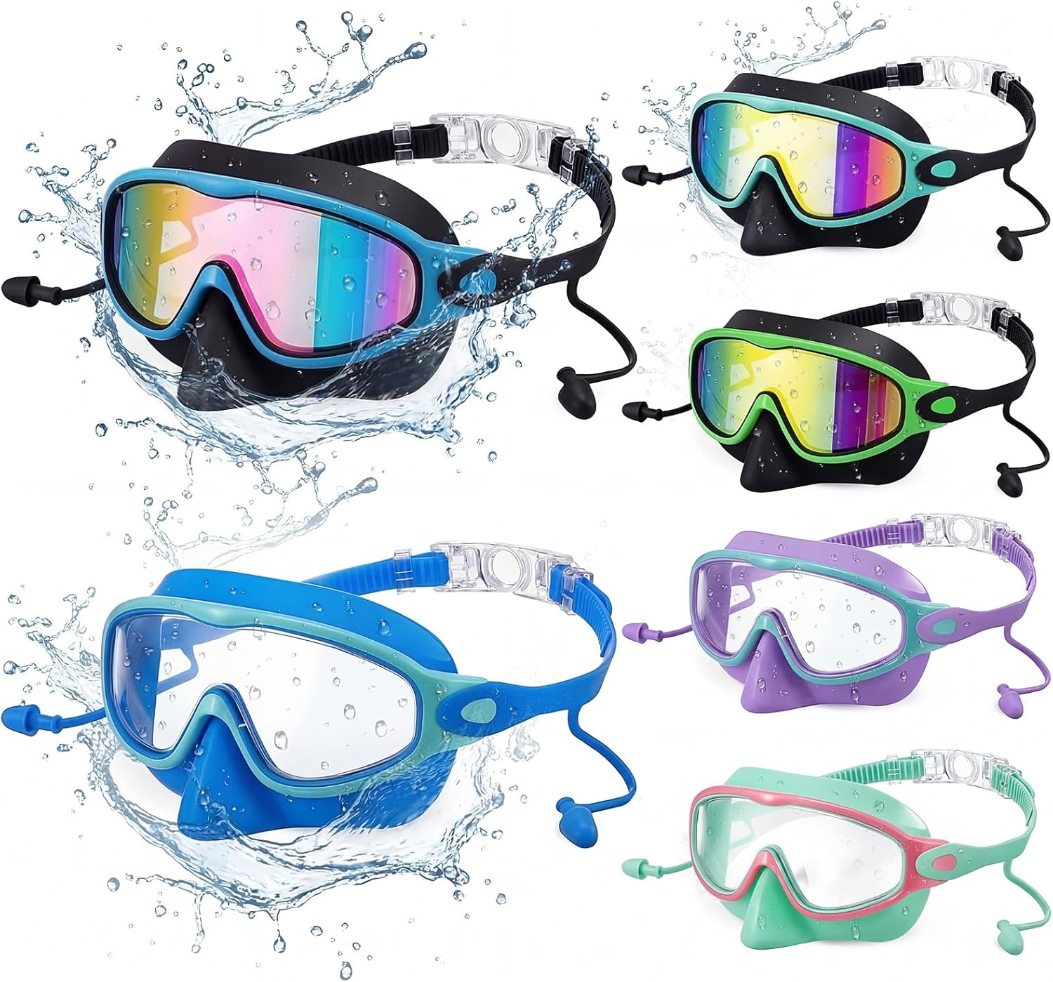 Kanayu 6 Pack Kids Swim Goggles with Nose Cover Earplugs Wide View Diving Mask Anti Fog UV No Leak Pool Swimming Goggles for Kids Youth 8-14