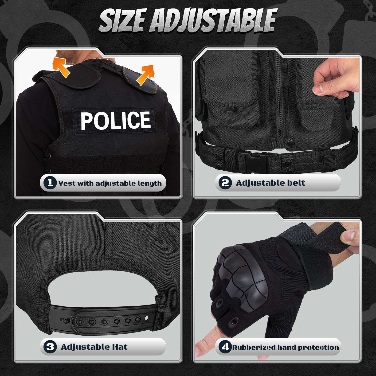 Ulikey Chaleco SWAT Adulto, Disfraz de Chaleco SWAT Policía Adulto, Guantes, Cinturón, Placa de Policía Disfraz de para Hombre Halloween Carnaval Fiesta de Disfraces Cosplay