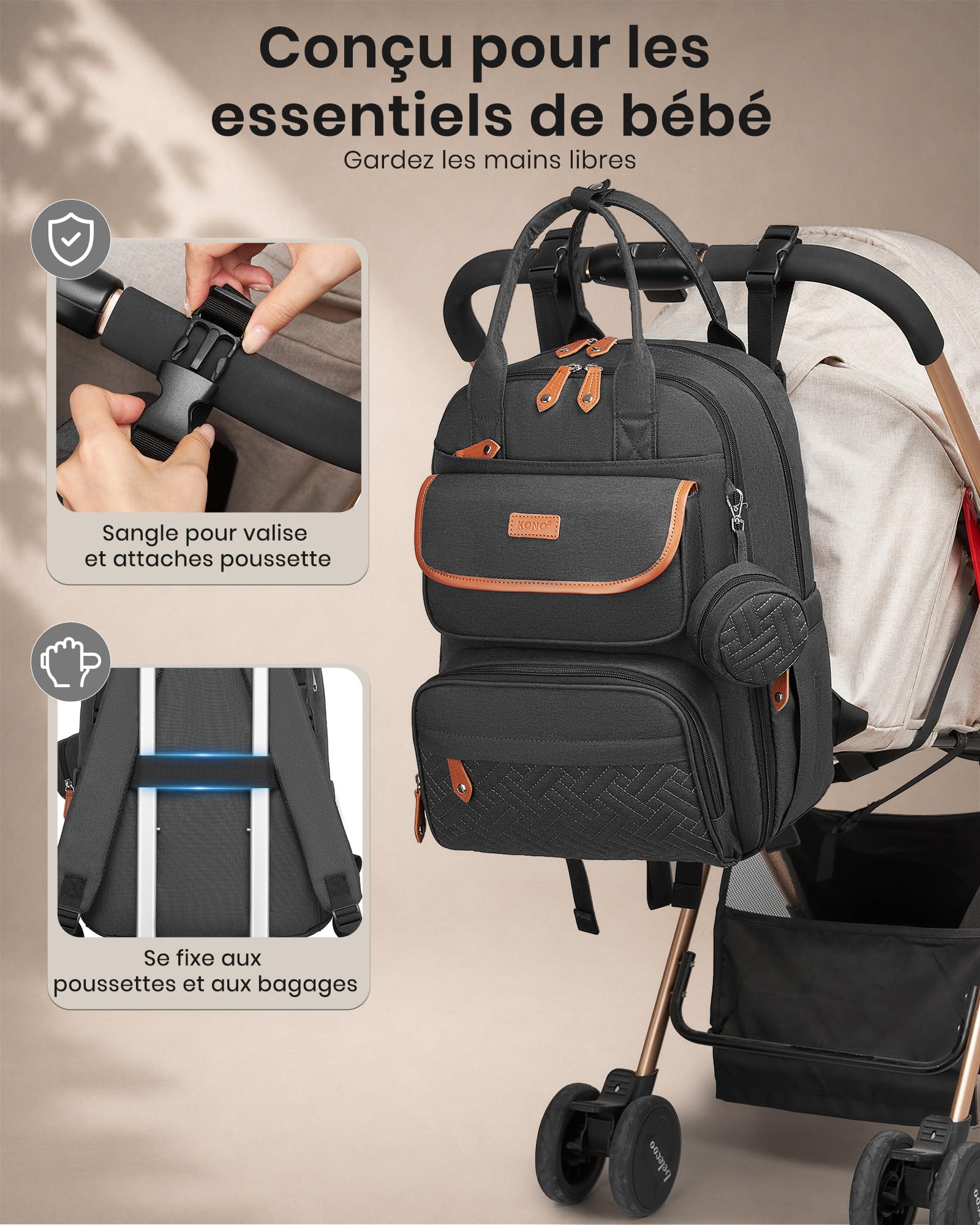 Kono Sac à Dos à Langer Bébé Grande Capacité Maman Papa avec Tapis à Langer