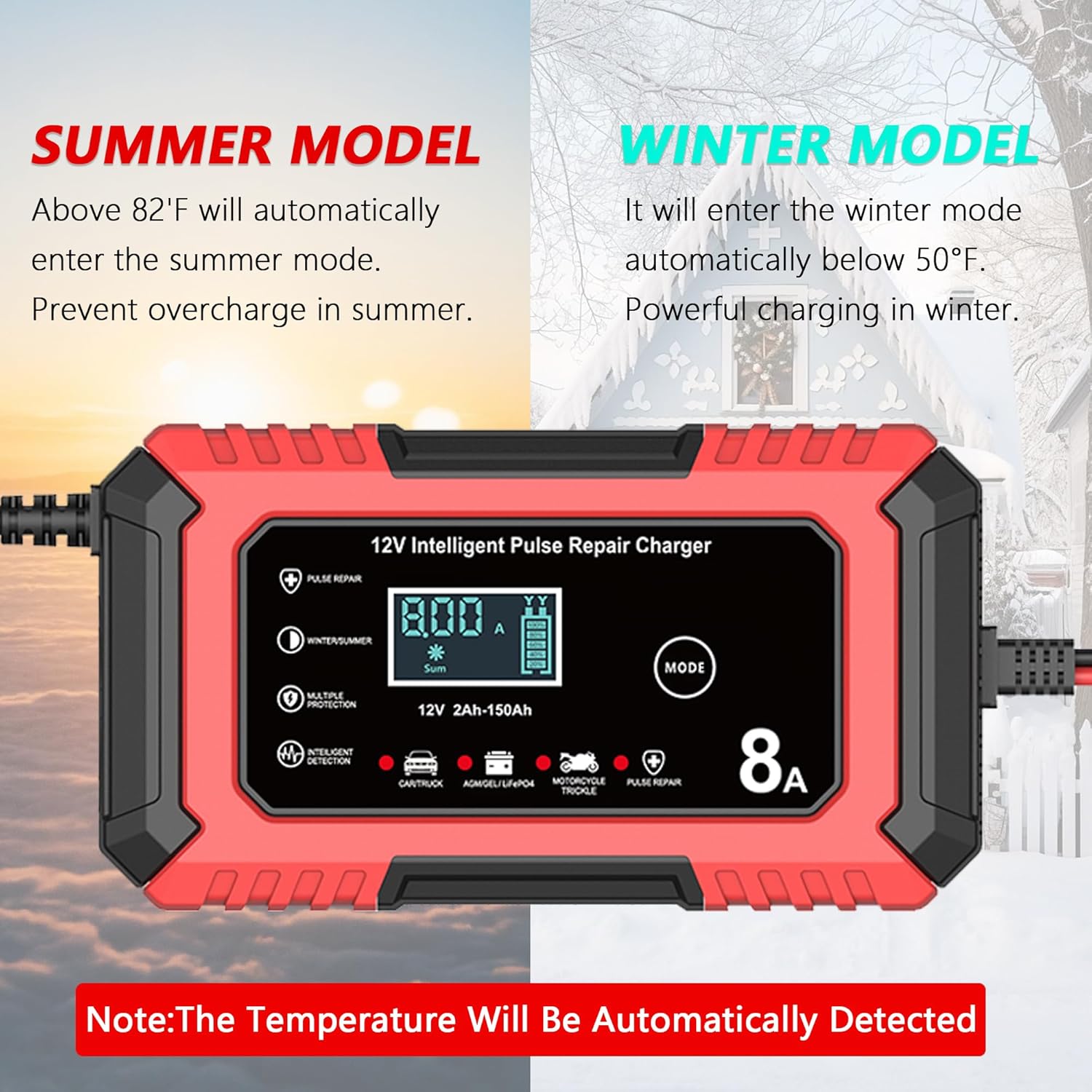12V 8A Battery Charger, Smart Trickle Charger & Battery Maintainer, Desulfator, Temperature Compensation for LiFePO4, Lead Acid, AGM, Gel, EFB, VRLA, Car, Truck, Motorcycle, Boat (Red)