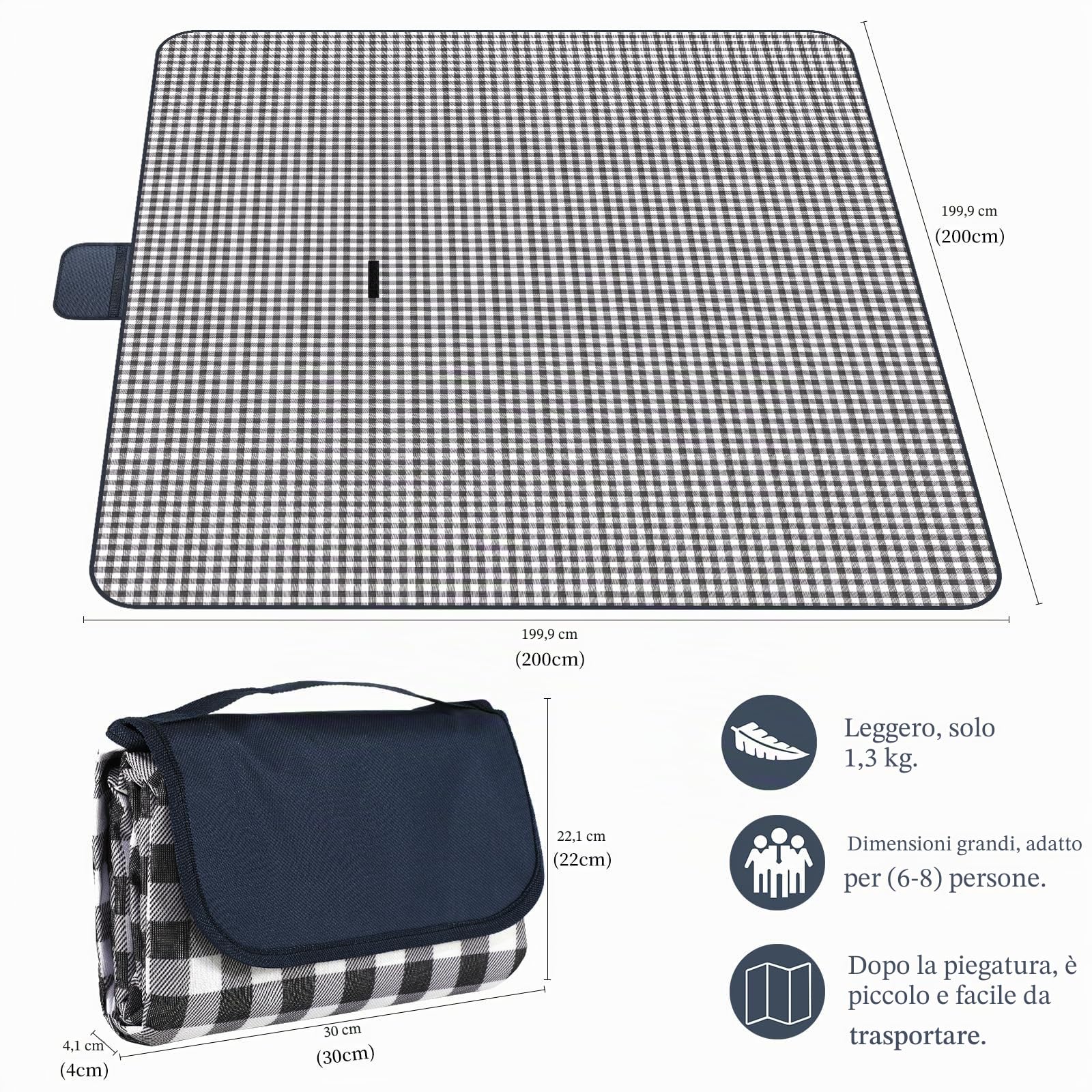 Coperta da Picnic Impermeabile 200x200 cm Blu Marino Lavabile Leggera con Manico
