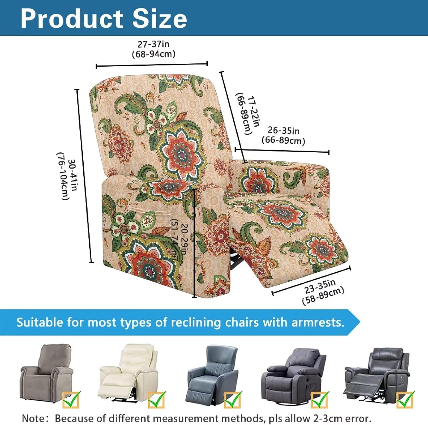 Mandala Flowers Recliner Stretch Sofa Slipcover Waterproof Recliner Chair Cover 4-Pieces Furniture Protector for Pet Kids Living Room