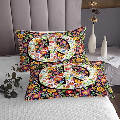 Miniatura 3 de Juego de colcha con signo de la paz tamaño King, flores coloridas acolchadas para niños, adolescentes y adultos, juego de colcha floral pastoral,