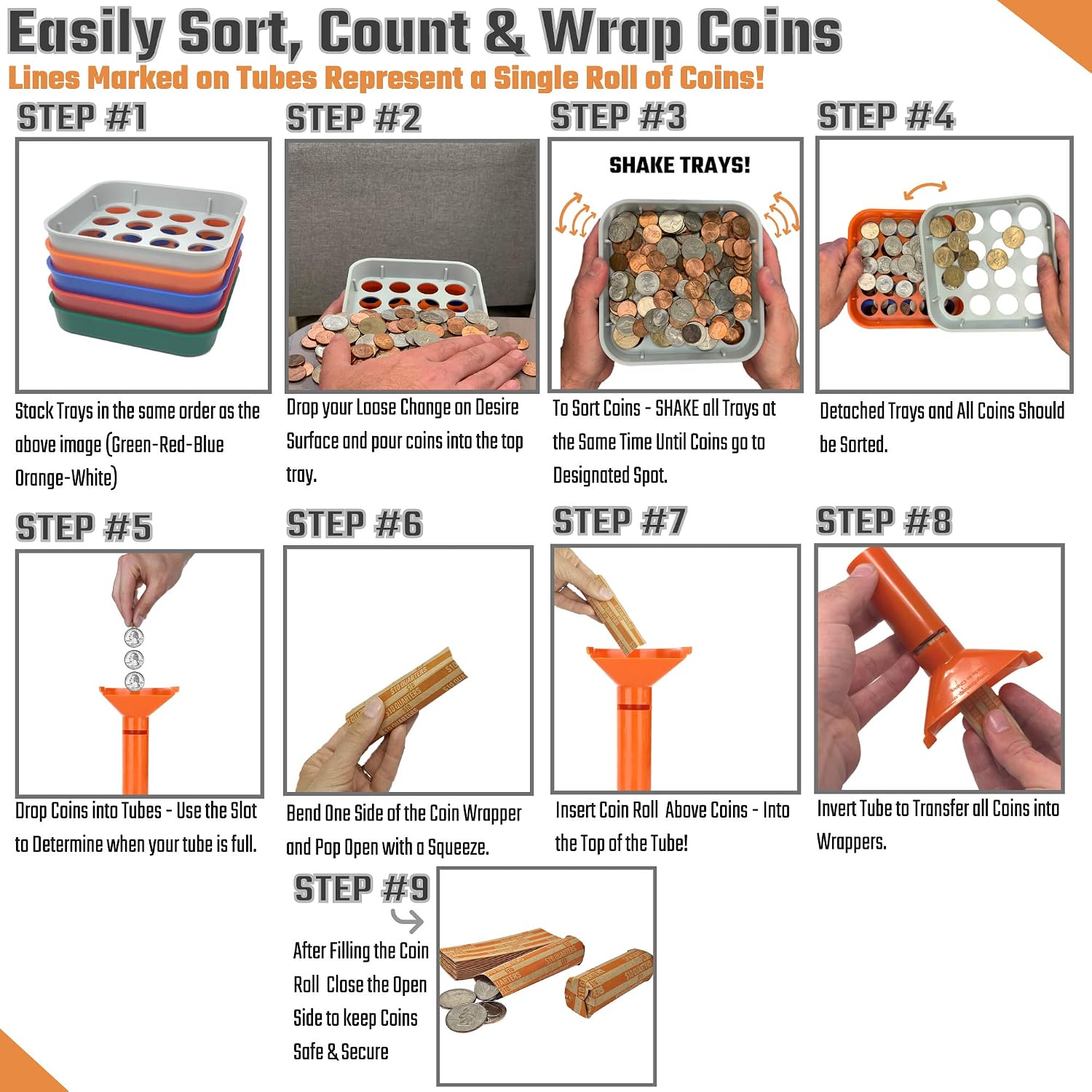 Coin Counters Tubes & Coin Sorters Tray – 5 Color-Coded Coin Sorting Tray and 5 Coin Counting Tubes - Bundle with 110-Count Assorted Coin Roll Wrappers for US Coins