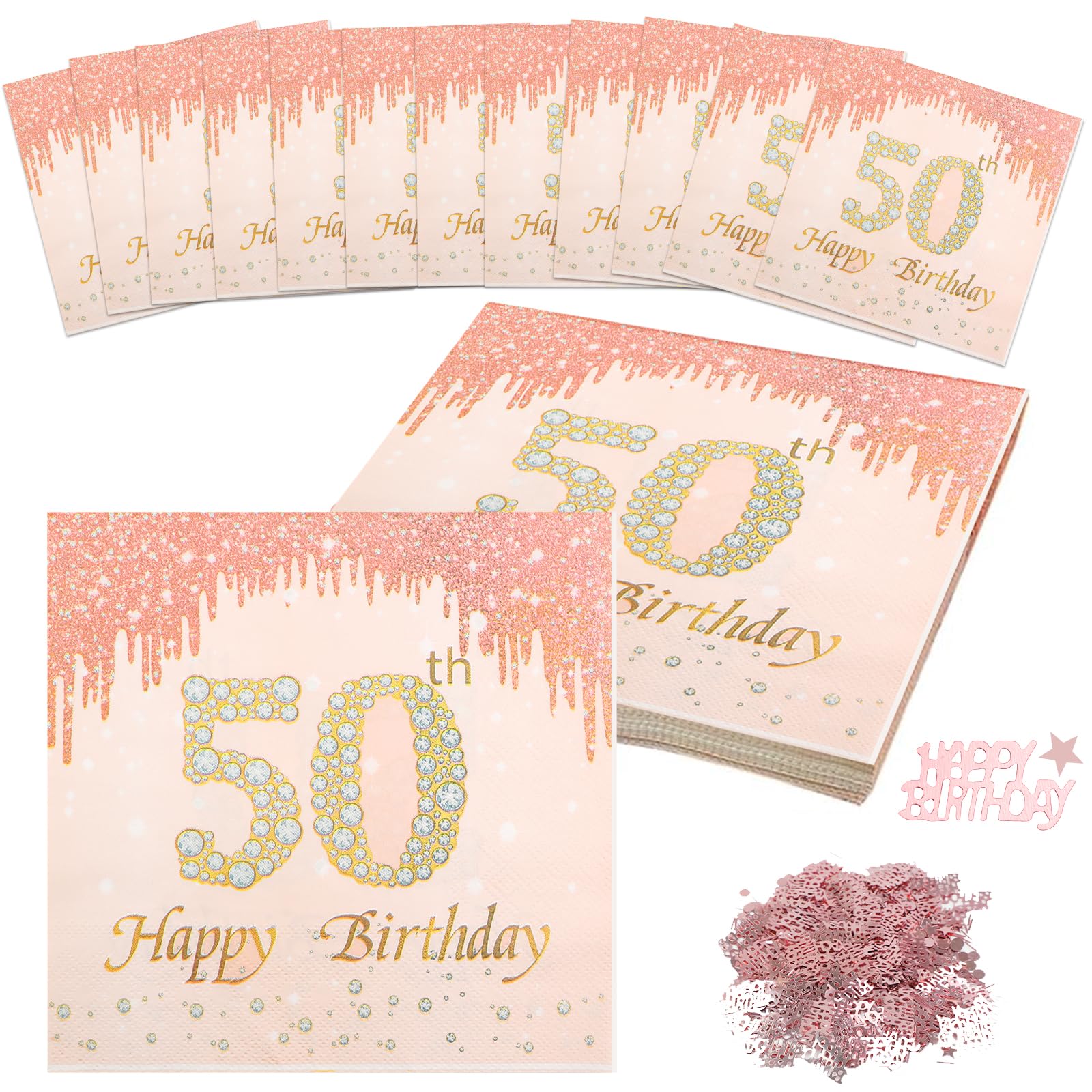 40 Pack Birthday Napkins, 2 Layers Pink Rose Gold Napkins with Confetti, Disposable Party Napkin Set for Table Decorations Cocktail Supplies (50th)