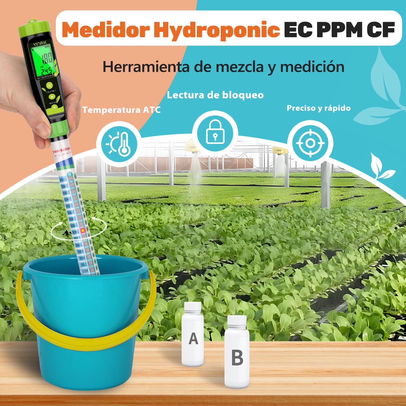 YINMIK Probador de EC TDS, Medidor de Conductividad Hidropónica Digital, Medidor de TDS para Agua de Pozo Jardín y Estanque Koi, Medidor de PPM 5 en 1 (EC, PPM 500, PPM 700, CF, Temp)