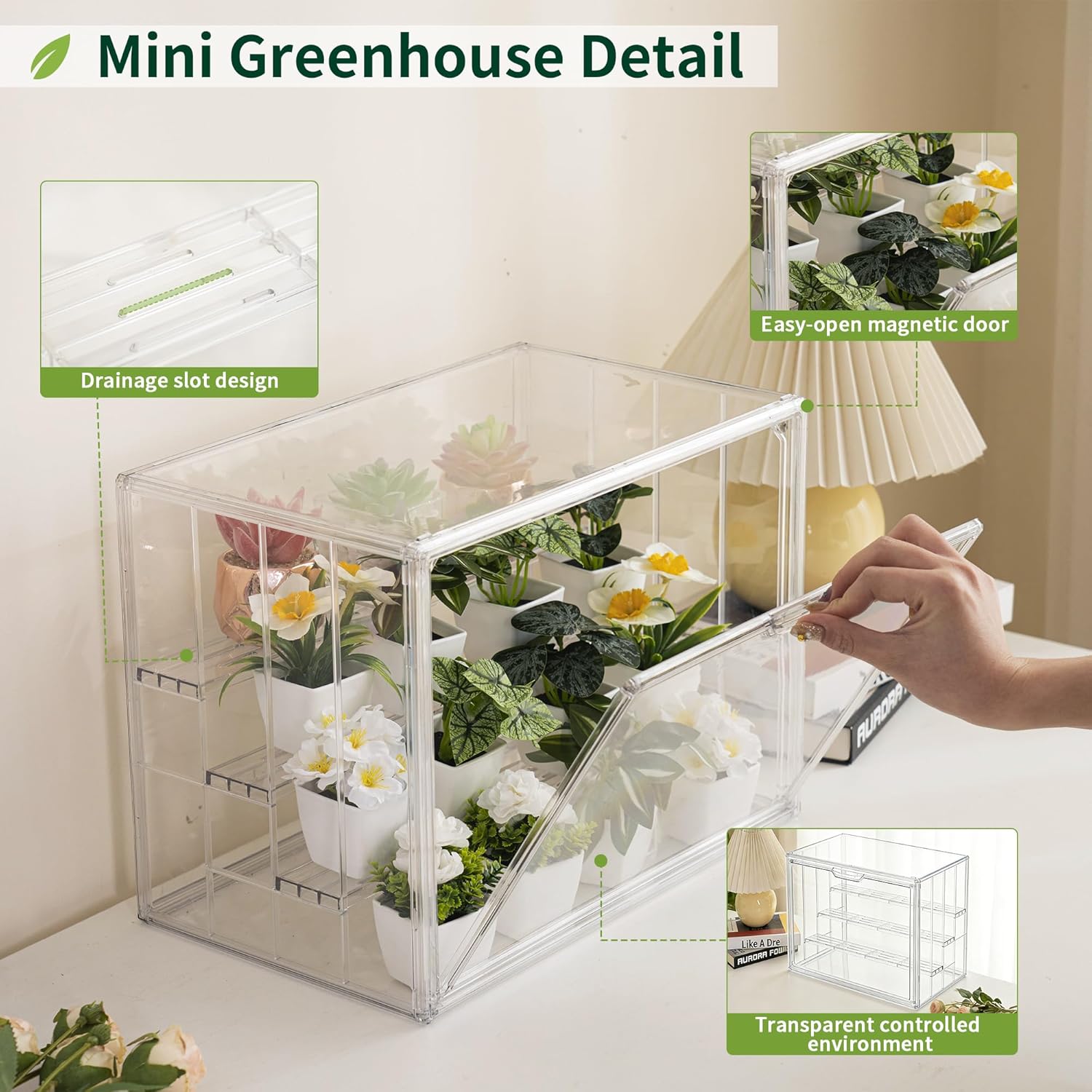 Clear Mini Greenhouse Indoor, Small Portable Tabletop Green House with Magnetic Door for Seed Starting, Plant Grow Warmer and Home Gardening Display
