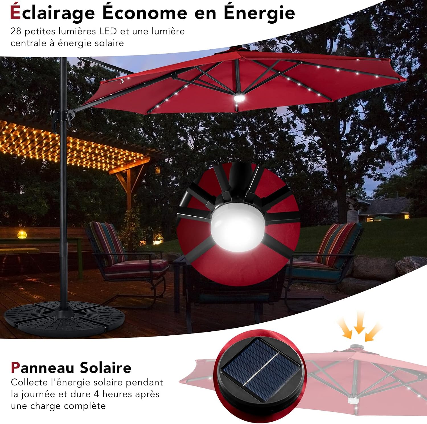 Parasol LED Solaire JINGLING 104 Lumières - 8 Modes, IP67, Télécommande, Pour Terrasse Jardin