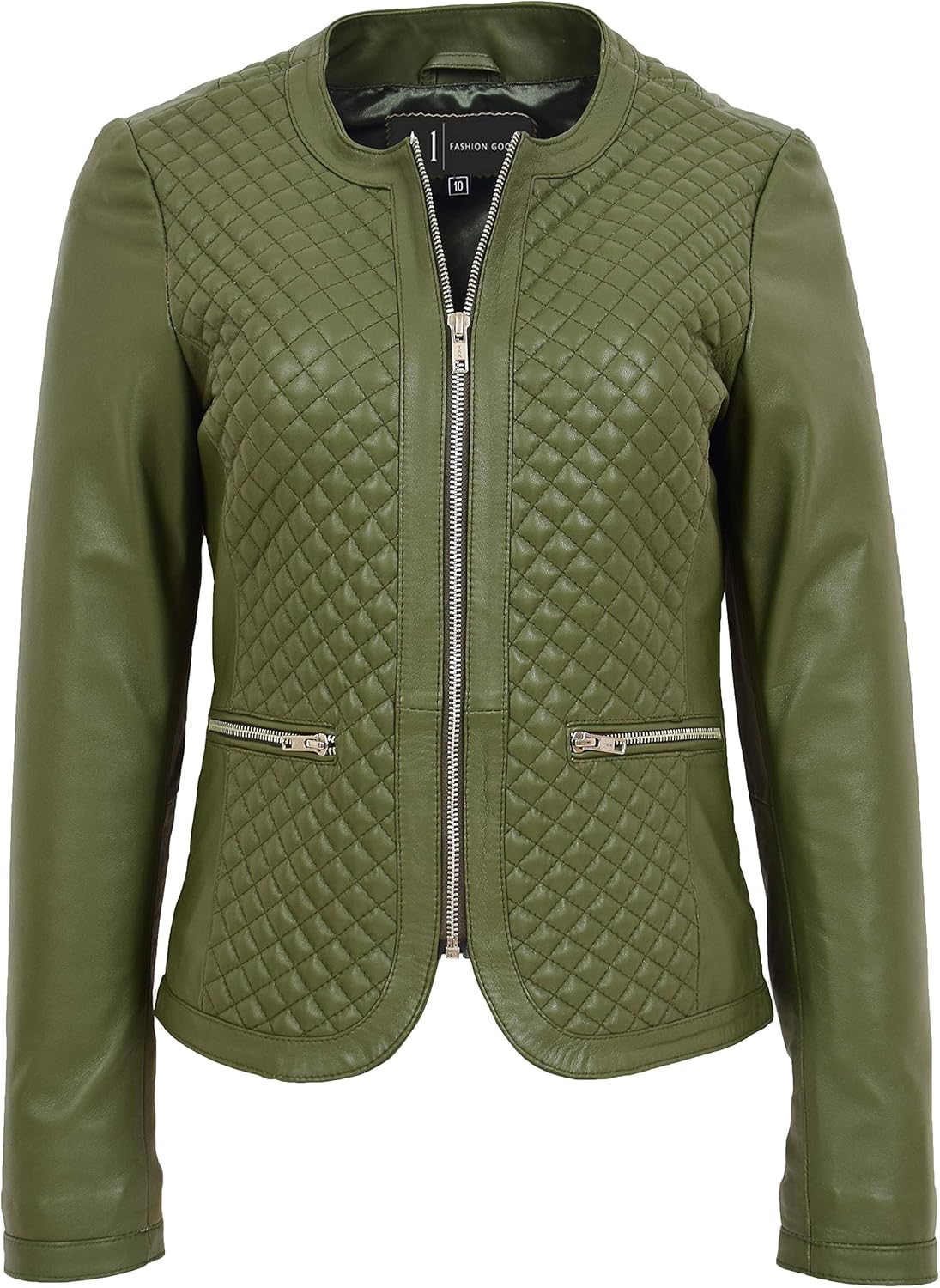 Women Collarless Soft Olive Green Leather Jacket Biker Style Fitted Quilted Stitch Remi