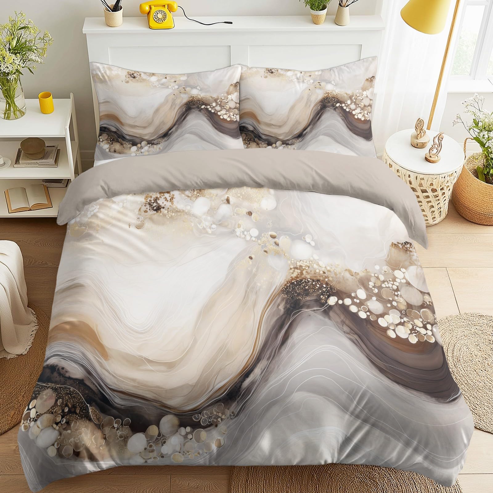 Funda de edredón de mármol dorado con fundas de almohada de microfibra beige para cama