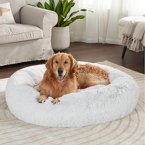 Vista 258 de Bedsure - Cama relajante para perros medianos, lavable, tipo dona, cama para gato, antideslizante, redonda, afelpada, mullida, de piel sintética