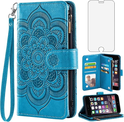 Asuwish Compatible con iPhone 6 6s Funda tipo cartera y protector de pantalla de vidrio templado, funda para teléfono celular con tapa para iPhone 6