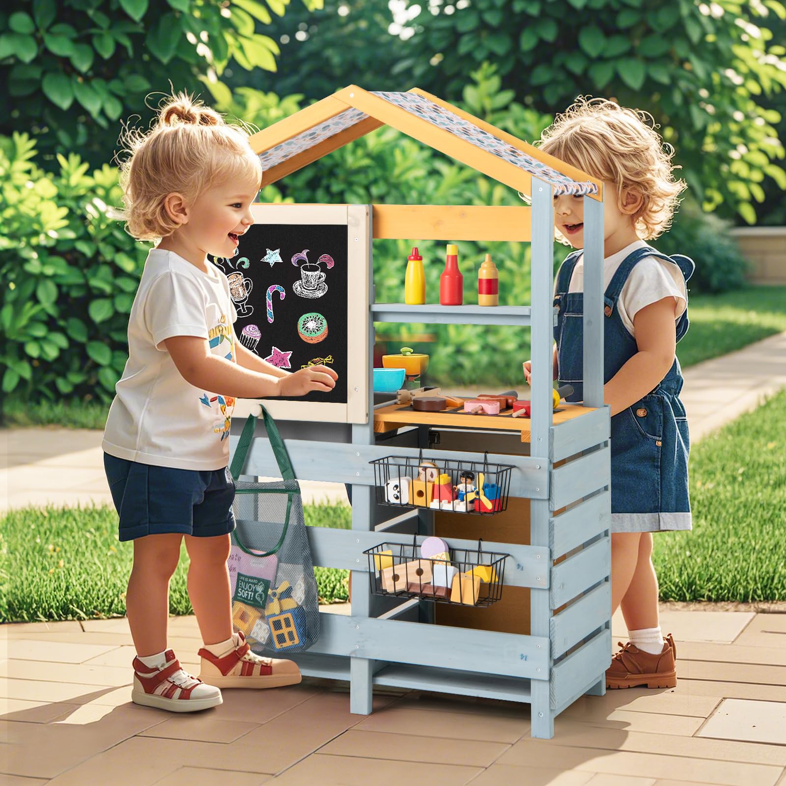 HOMASIS 3 in 1 Matschküche Kinder Outdoor, Kinderküche mit BBQ-Grill Tafel Waschbecken Spüle, doppelseitige Spielküche mit 17 Zubehör, Spielzeugküche aus Tannenholz, Gartenküche für Kinder ab 3 Jahren