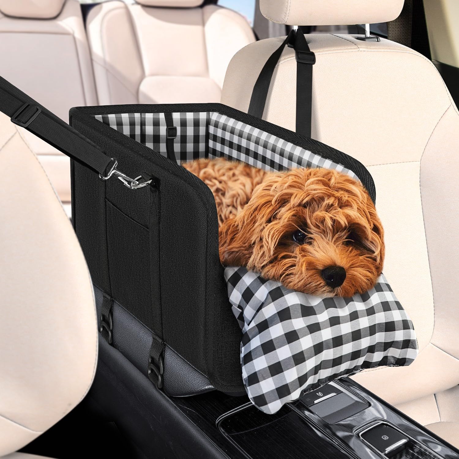 SlowTon Asiento de Coche para Perro de Consola, Asiento Elevado para Mascotas en el Coche con Cinturón de Seguridad y Cojines Suaves, Consola Central Anticolapso con Soporte Desmontable