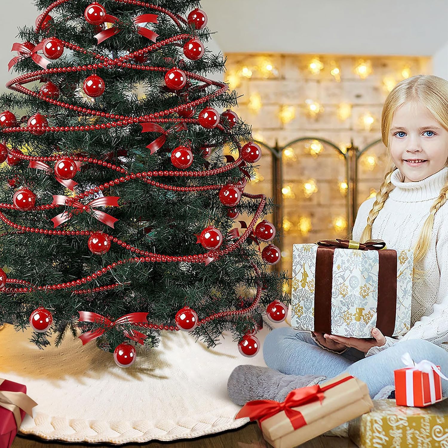 NIBESSER Knit Christmas Tree Skirt White 48" - Ivory Knitted Mat for Christmas Decorations, Yarn Thick Rustic Cable Knit Tree Skirt for Home Party Ornaments