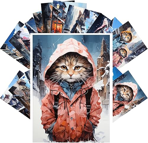 PIXILUV Postales vintage (24 piezas de 4 x 6 pulgadas cada una) Lindos gatos pequeños en la gran ciudad, postales de anime, tarjetas de felicitación