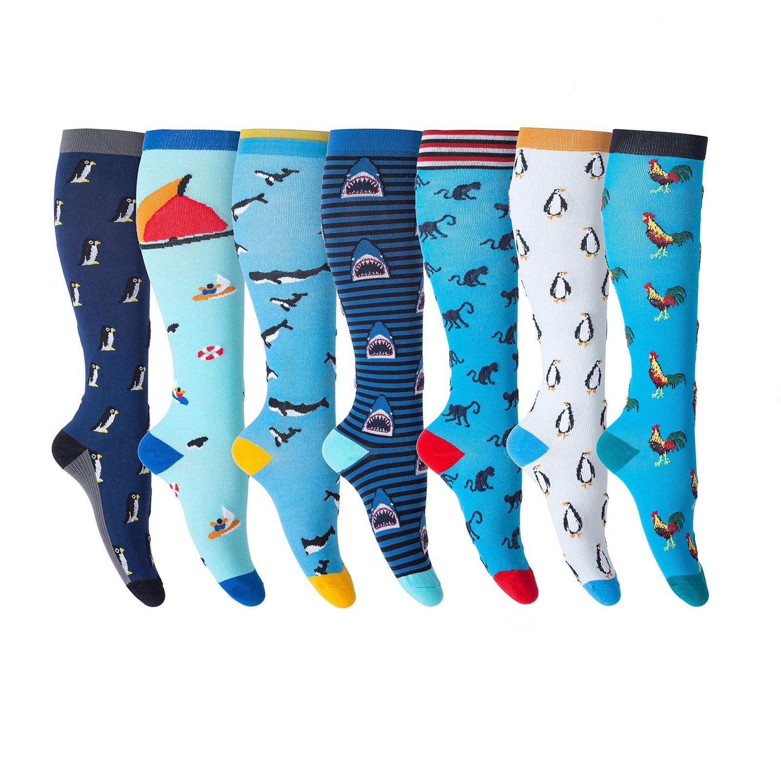 LEOSTEPCompression Socks for Men & Women (7Pair) Non-Slip Long Tube Ideal for Running,Nursing,Circulation & Recovery Boost Stamina, Hiking Travel & Flight Socks 20-30 mmHg