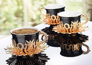 LaModaHome Espresso Coffee Cups with Saucers Set of 6, Porcelain Turkish Arabic Greek Coffee Cup and Saucer, Coffee Cup for Women, Men, Adults, Guests, New Home Wedding Gifts - Gold/Black Color