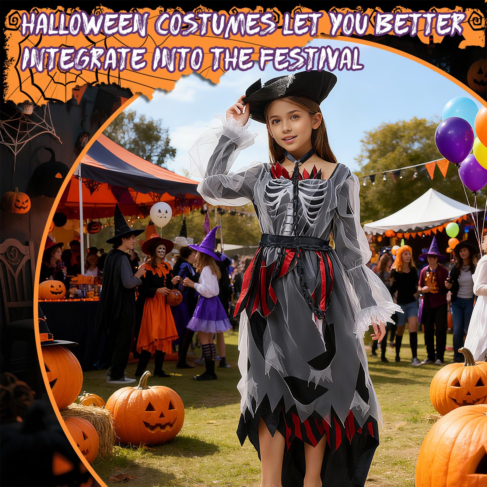 Pirate Zombie Costume Girls Pirate Dress Set including Pirate Hat Horror Scary Skirt Medieval Gothic Viking Clothing Children for Halloween Carnival Theme Party (130 cm) - Image 3
