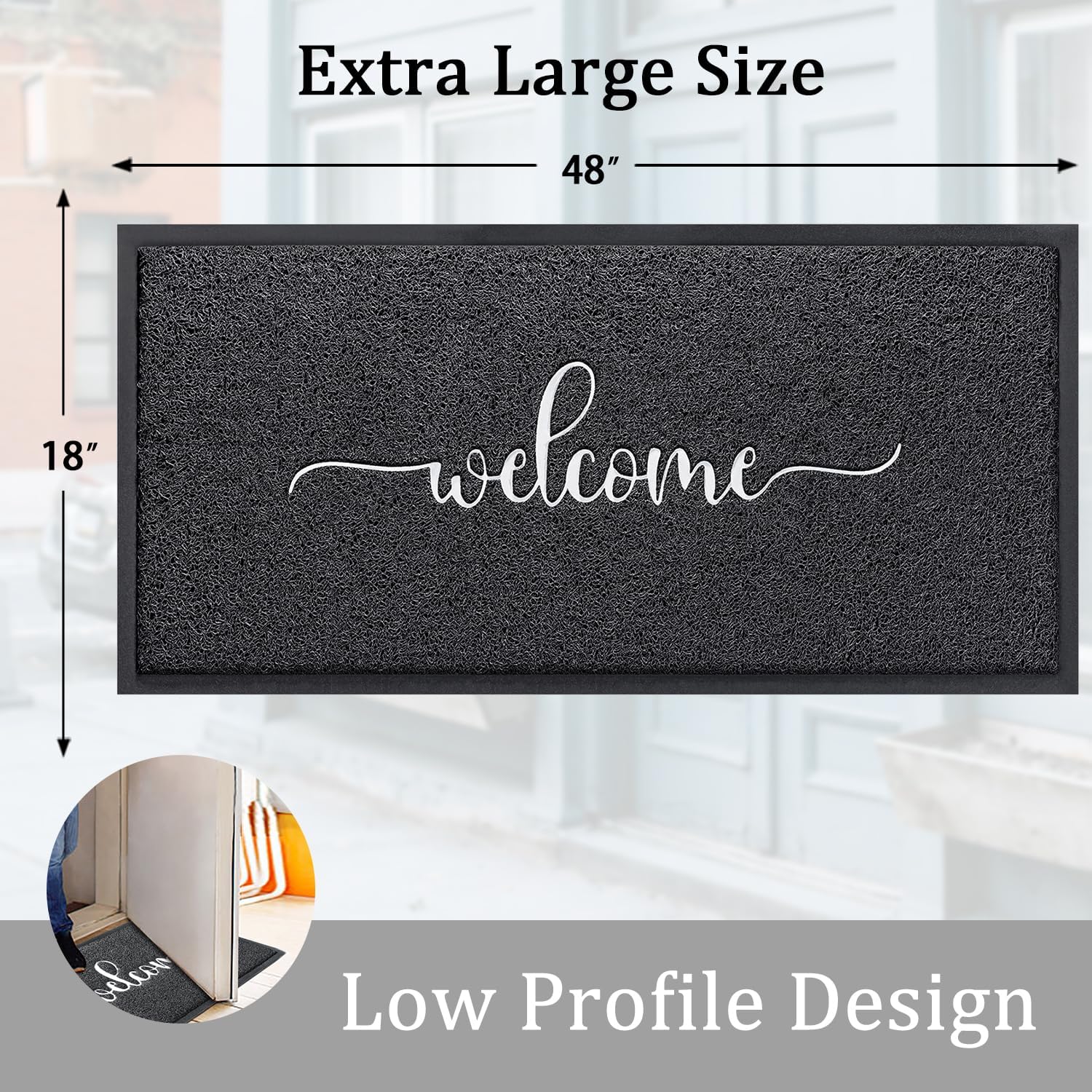 AAZZKANG Large Welcome Mat 48"x18" Non Slip Outdoor Door Mat Ultra Absorb Mud Easy to Clean Indoor Doormat for Front Door,Entrance,High Traffic Areas Black