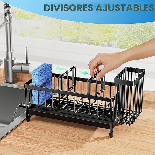 Miniatura 4 de Cisily Soporte de esponja negro para fregadero de cocina, organizador de caddy de fregadero con soporte alto para cepillo, organizadores de encimera