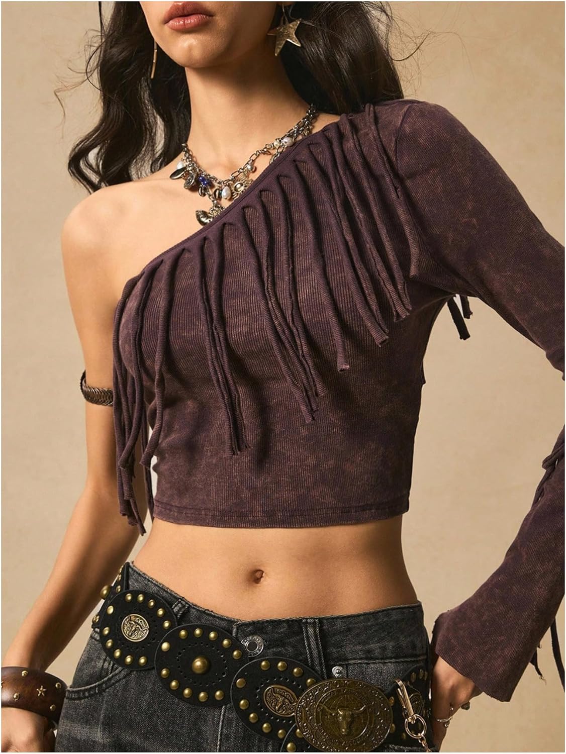 SHENHE Women's Fringe Shirts One Shoulder Crop Top Boho Tassel Long Sleeve Tops - Image 4