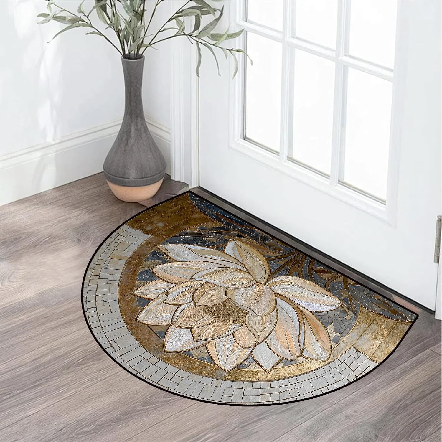 NYZE Semi Circle Door Mat Half Round Welcome Mat Non Slip Low-Pile Absorbent Half Circle Entryway Rug for Bathroom Bedroom Laundry Room 24"×36" (White Lotus, 24"×36")