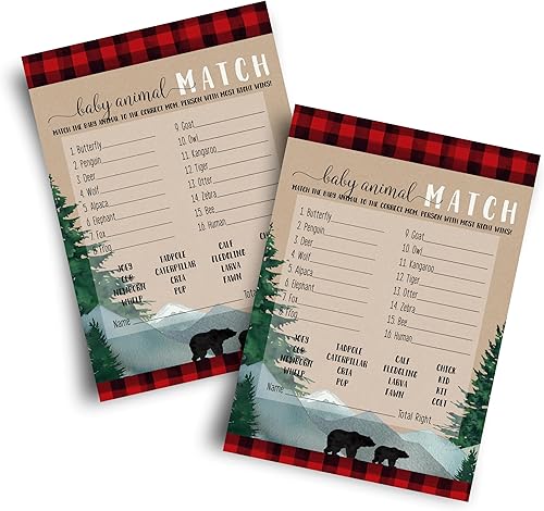 Juego de baby shower de leñador a juego de animales para todas las ocasiones, actividades divertidas de adivinanzas, juego de invitados, oso rústico