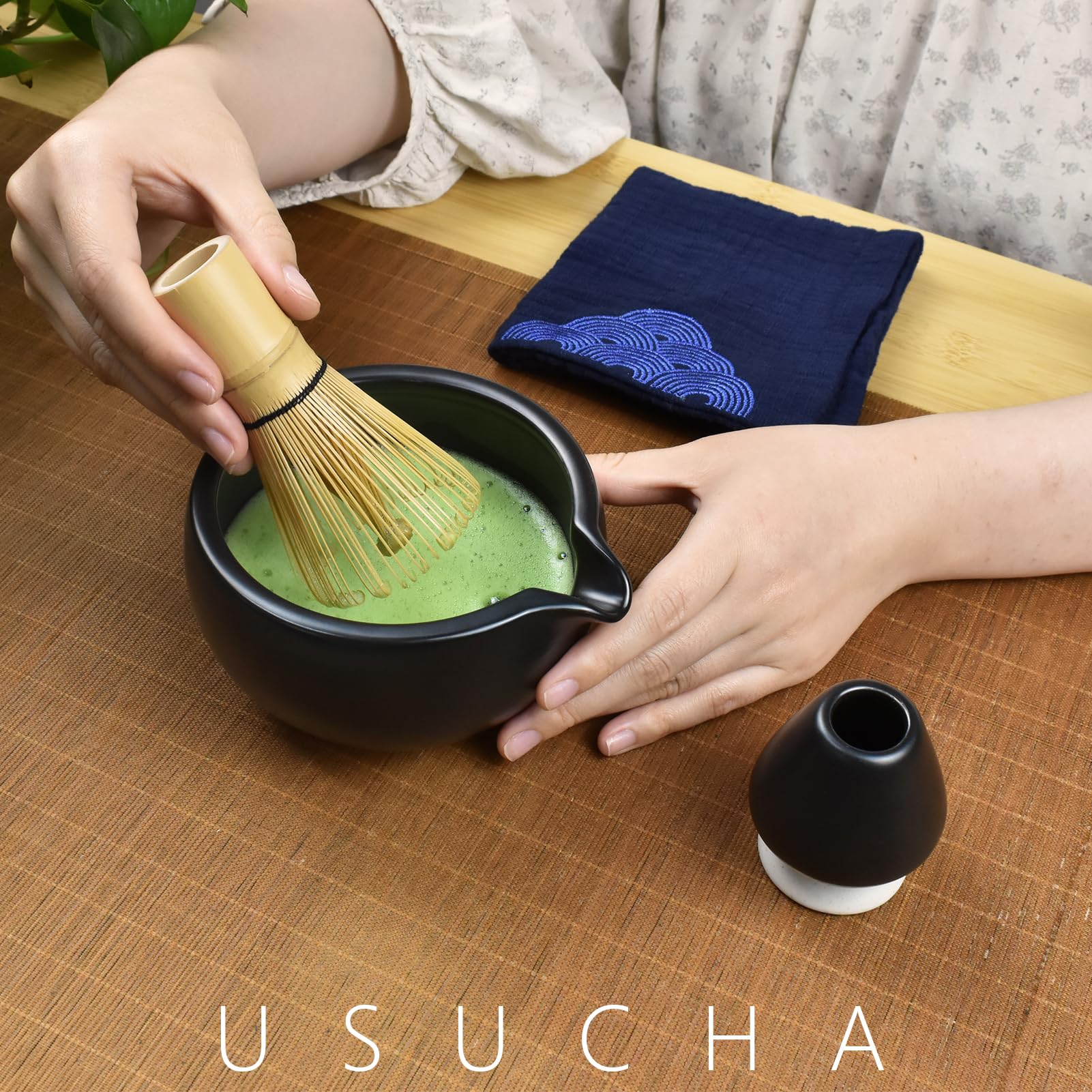 Artcome Kit completo per cerimonia del tè Matcha, 7 pezzi, ciotola con beccuccio, frusta, paletta, colino per preparare Usucha, Koicha e Latte (nero)