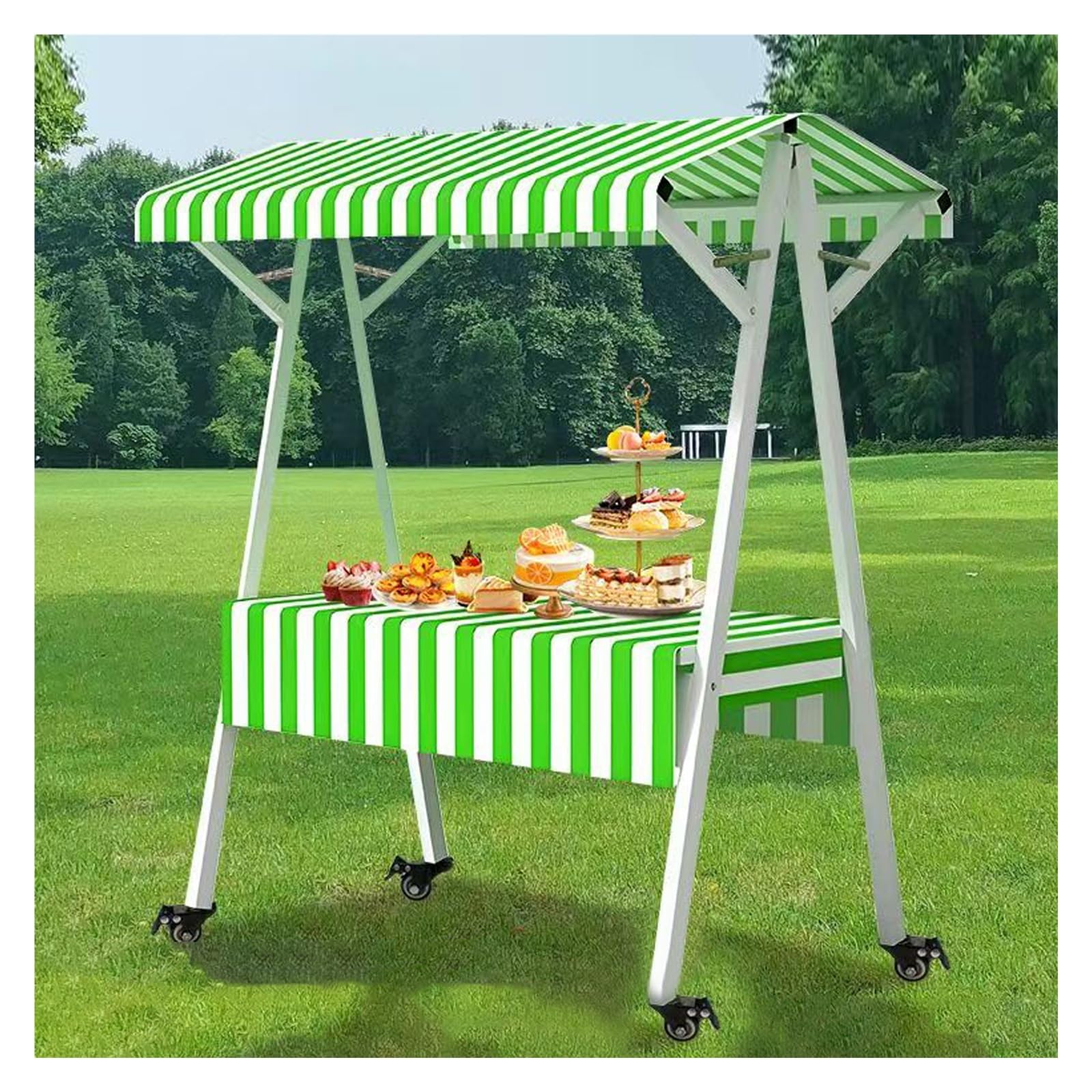Carrito comercial con toldo a rayas para exhibición de alimentos callejeros y dulces