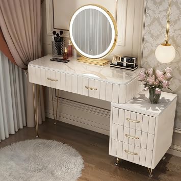 Dressing Table with LED Lights and 5 Drawer, Pre-Assembled