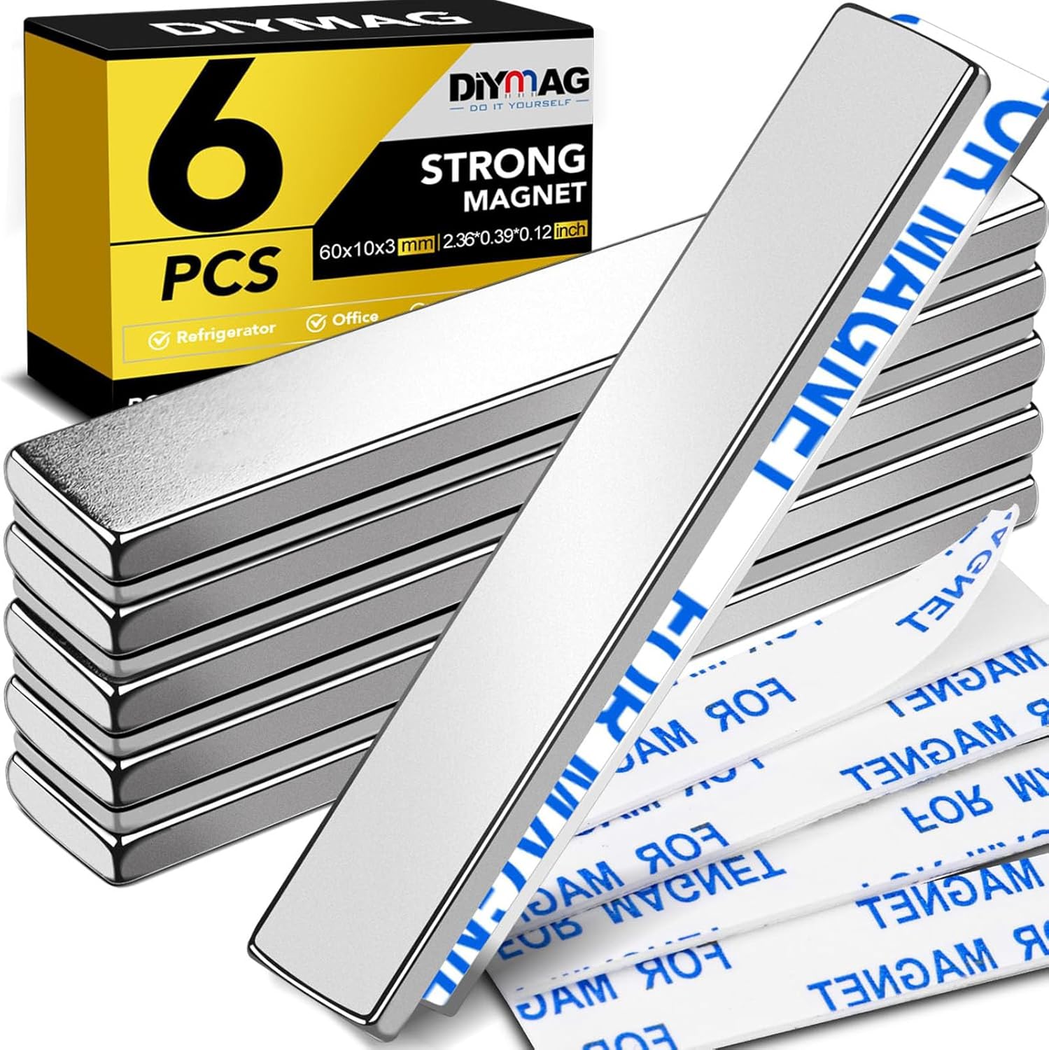DIYMAG Strong Neodymium Bar Magnets with Double-Sided Adhesive, Rare-Earth Metal Neodymium Magnet - 60 x 10 x 3 mm, Pack of 6 (6P) Thumbnail