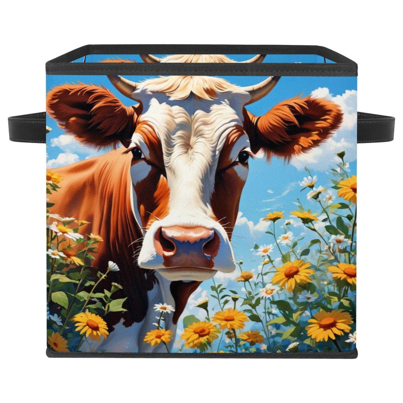 Boîte de rangement pliable motif vache et fleur | Cube de rangement en tissu pour placard