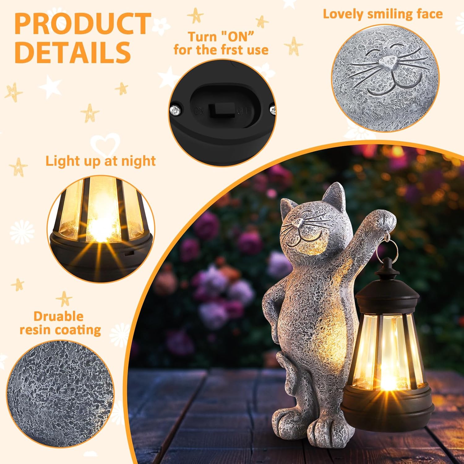 Solar Garden Statues Cat with LED Lights, Outdoor Decor Cat Figurines, Birthday Gifts for Women Mom Men, Outdoor Garden Decor for Cat Lover, Yard Decor Art Lawn Patio Balcony - Image 7