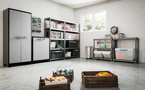 Keter Armoire Haute Titan - Armoire de Rangement en Résine - Étagères Modulables, Pieds Réglables, Charnières Métalliques - Cuisine, Garage, Atelier, Placard - 80 x 44 x 182cm - Noir/Gris - 7