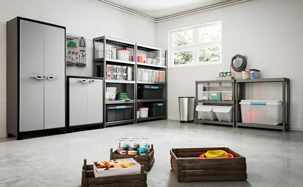 Keter Armoire Haute Titan - Armoire de Rangement en Résine - Étagères Modulables, Pieds Réglables, Charnières Métalliques - Cuisine, Garage, Atelier, Placard - 80 x 44 x 182cm - Noir/Gris - 2