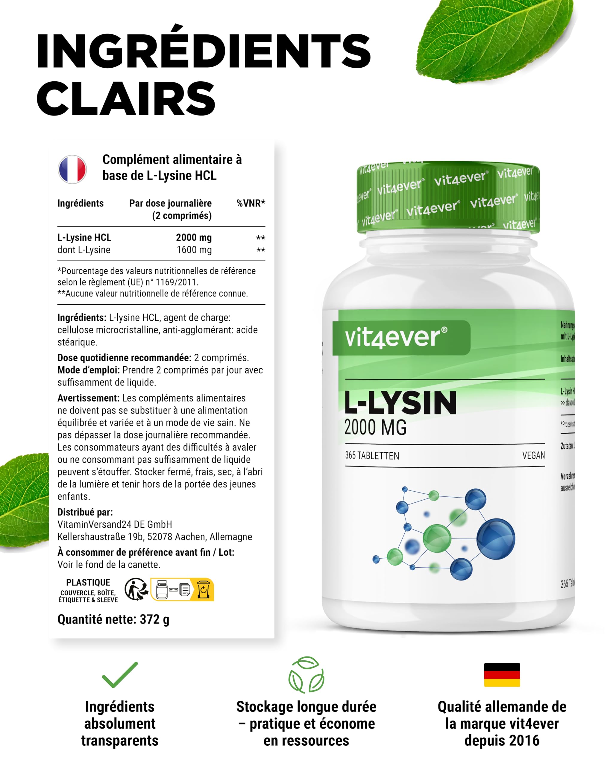 L-Lysine - 365 Comprimés - Fortement Dosé avec 2000 mg de L-Lysine HCL par Jour - Issu de Fermentation Végétale - sans Additifs Indésirables - Végétalien