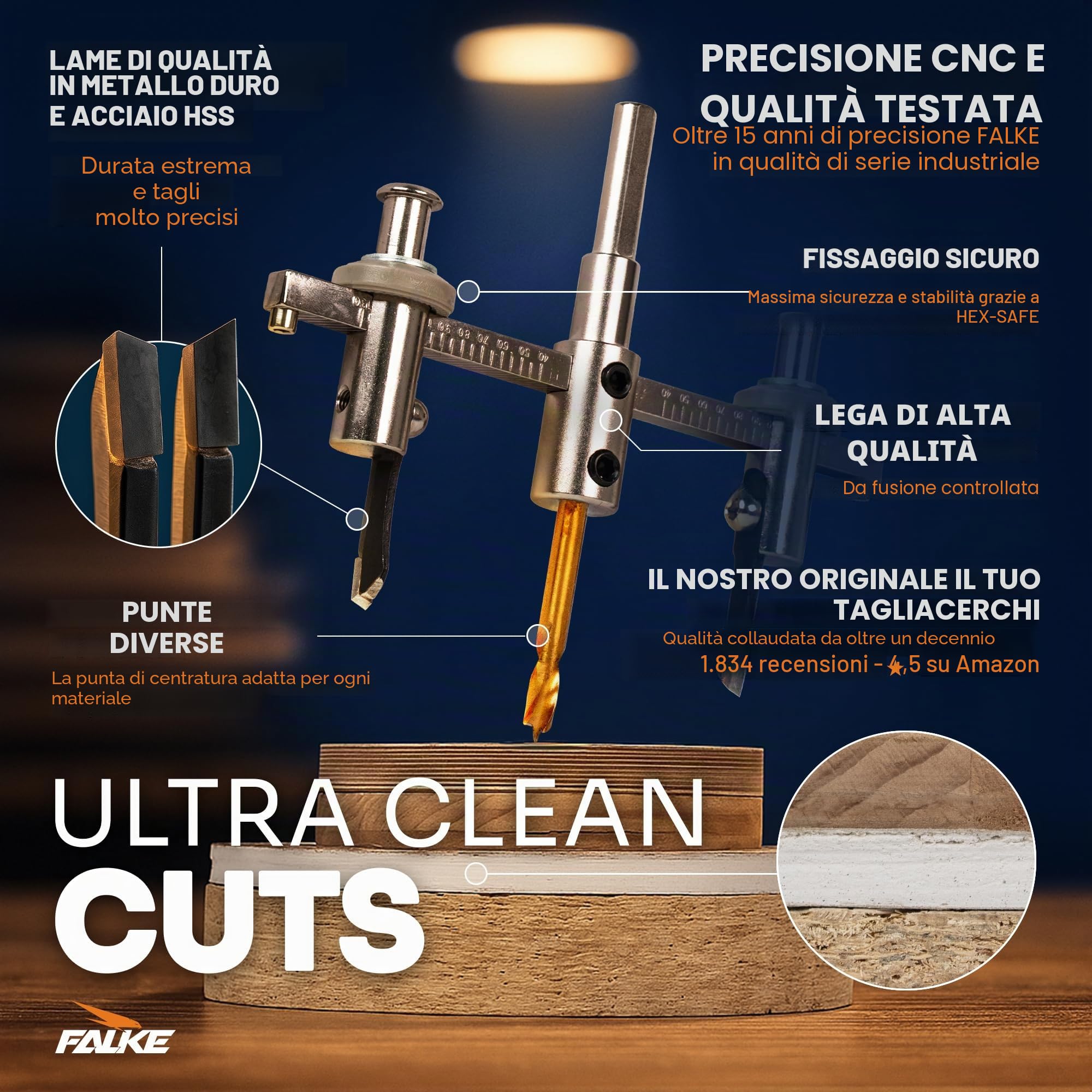 Tronchese Falke FKS-H 120 (sega a tazza regolabile) - universale per legno, plastica, cartongesso | Diametro infinitamente regolabile (40-120 mm)