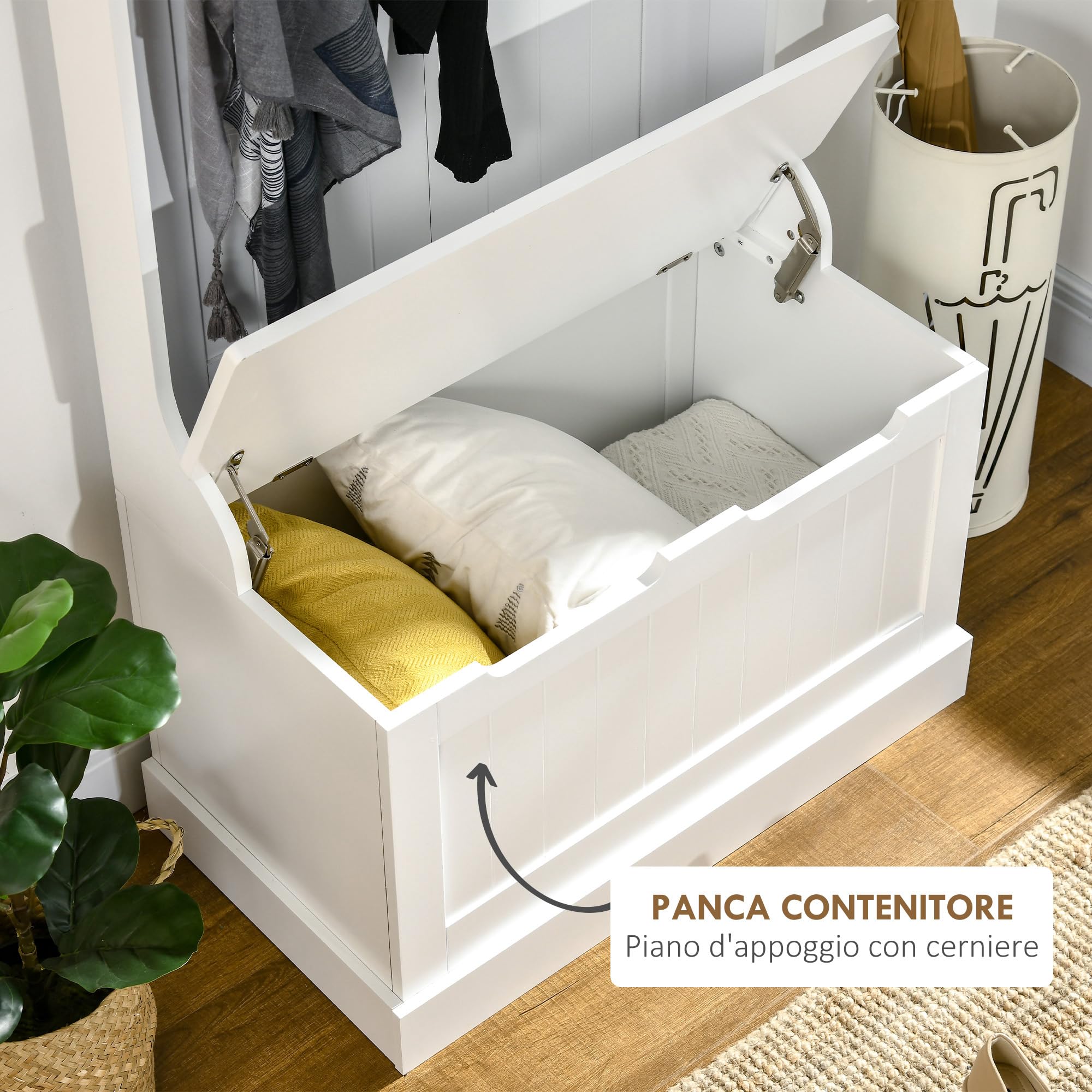HOMCOM 3 in 1 Appendiabiti da Ingresso con Scarpiera, Attaccapanni da Terra Salvaspazio con 4 Ganci e Panca Contenitore, in MDF, per Corridoio, Camera da Letto, 71.5x39.5x170 cm, Bianco