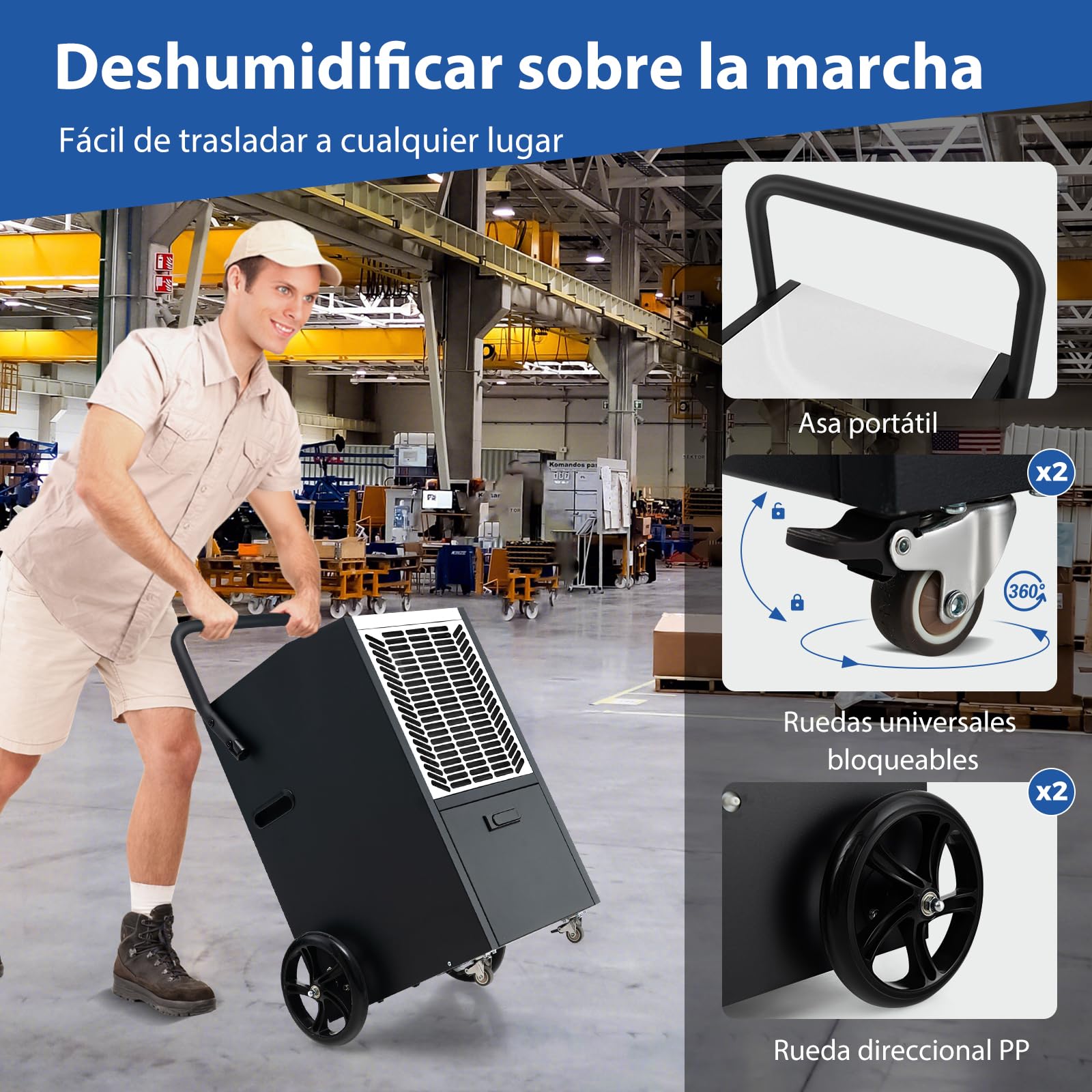 SOARS Deshumidificador Industrial 66L/Día con Bomba de Desagüe Automática y Manguera de Desagüe, Filtro Extraíble, Ruedas para Habitaciones de Hasta 418 m², Temporizador 24H (Blanco)