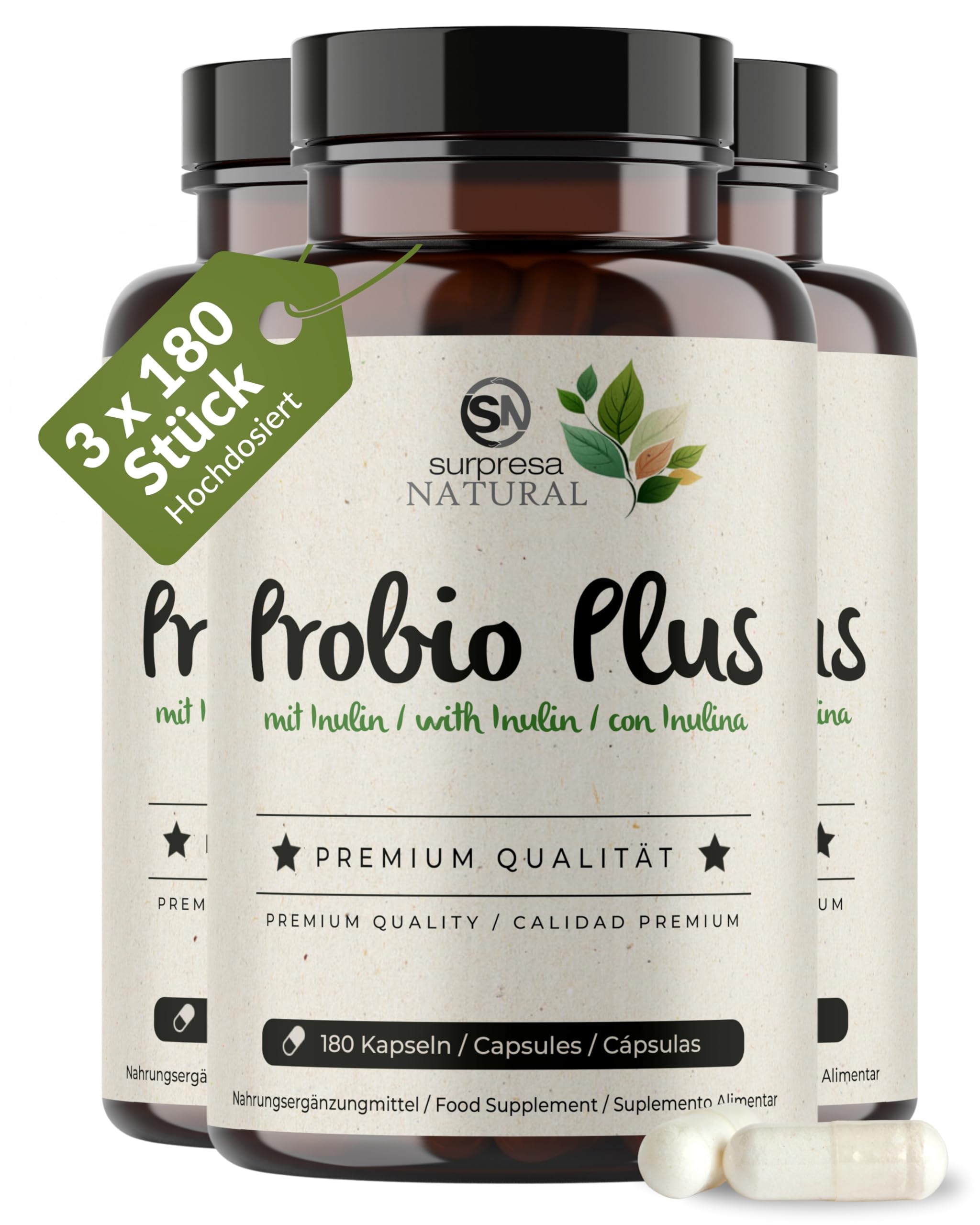 Probio Plus Kapseln hochdosiert I 3x 180 Kapseln mit Inulin & Bacillus subtilis I 20 Mrd. KBE pro Tag I Kulturen Komplex 18 Bakterienstämme I magensaftresistent & vegan