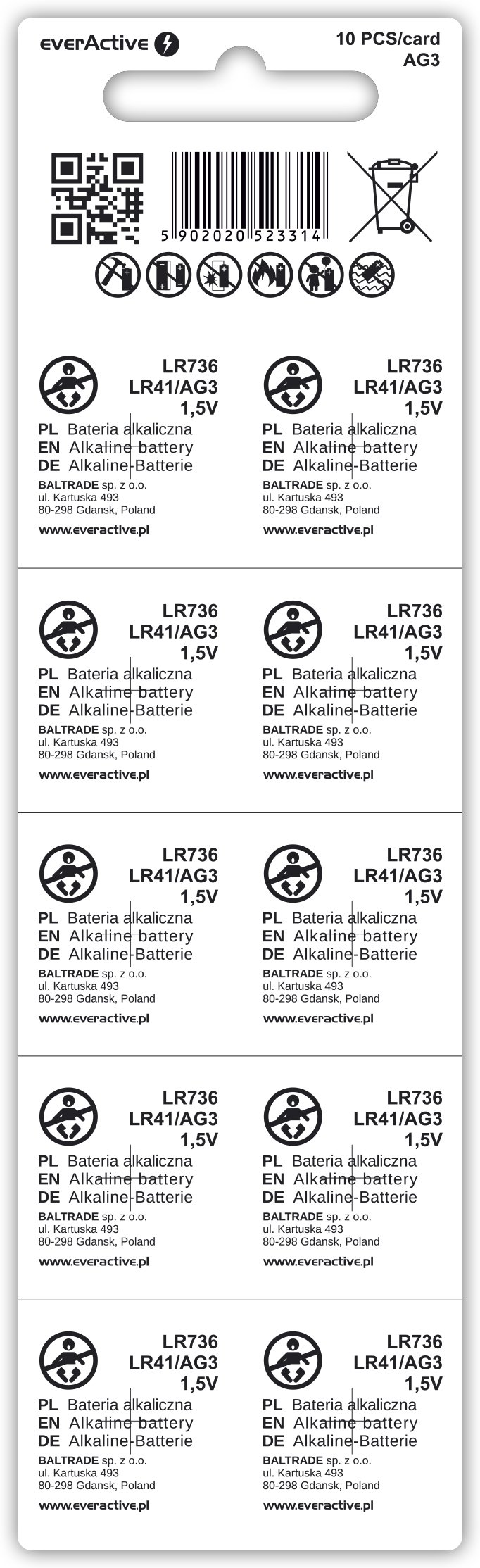 everActive AG3 1,5 V, 10 x baterie alkaliczne, Mini, G3 LR736 LR41, trwałość 5 lat, 10 sztuk – 1 blister, srebrny, EVAG3
