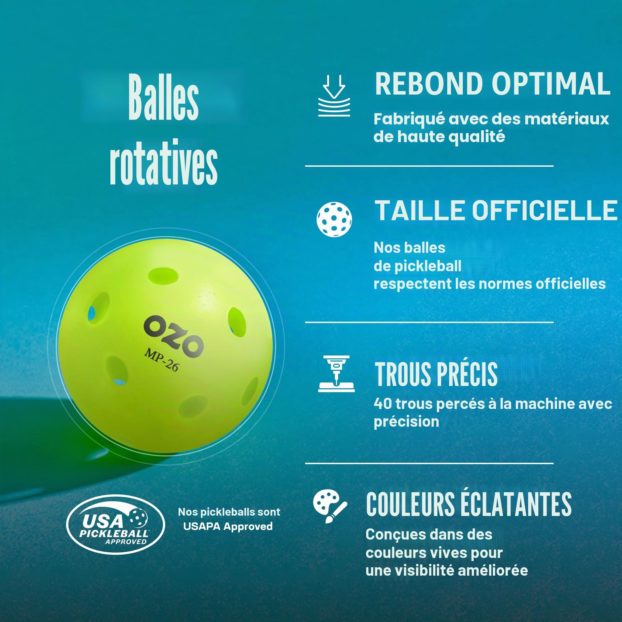OZO Pickleball - Lot de 36 Balles d'Intérieur, 26 Trous, Moulage par Rotation, Neon Green