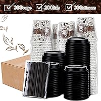 Vista 3 de Tessco Juego de 200 tazas de café desechables de 4 onzas a granel con tapas, asas anchas, pajitas de papel impreso, tazas de café desechables
