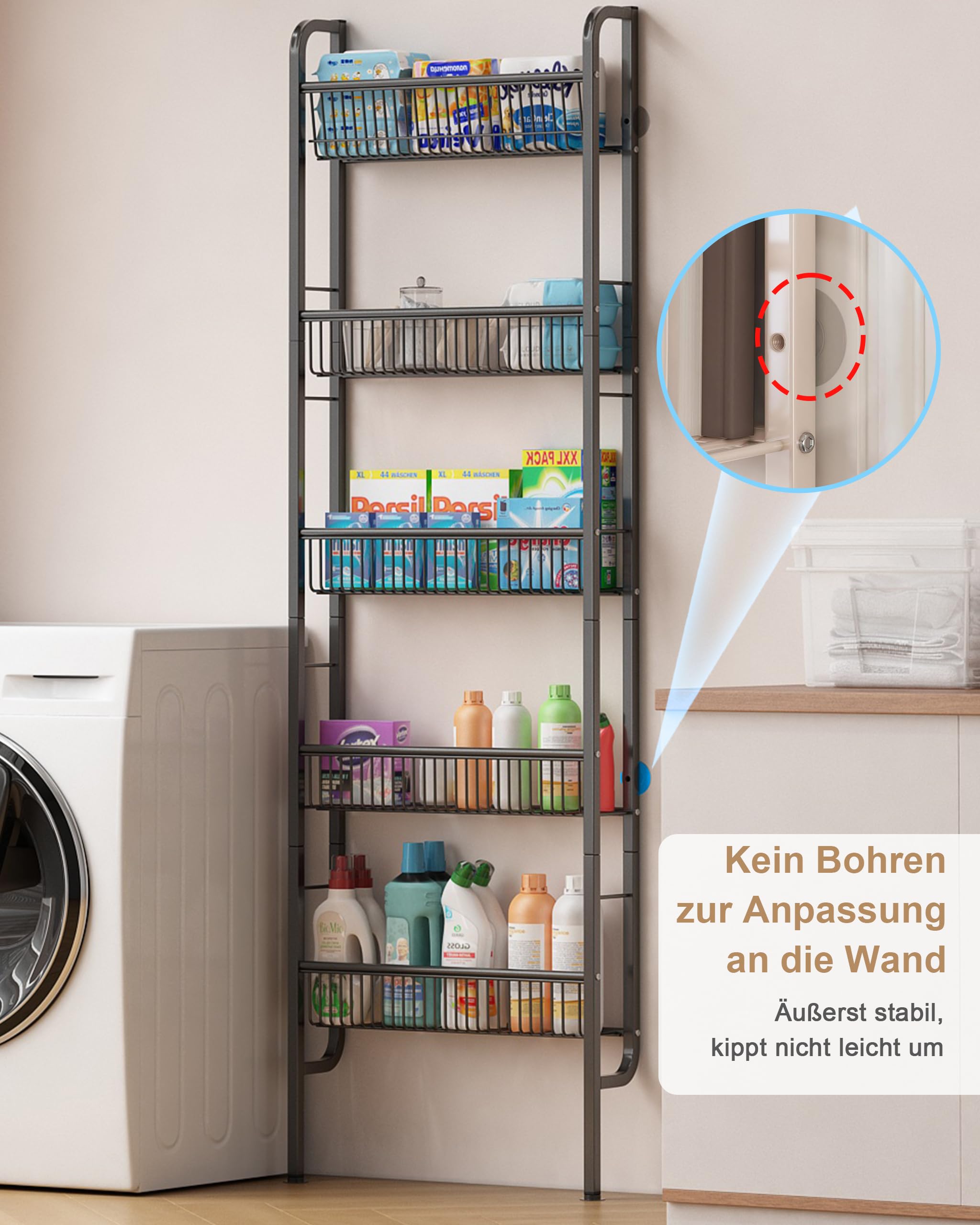 UMDONX 5 Etagen Metall Schmales Badezimmerregal Bücherregal, Wandregal für die Küche, Leiterregal Multifunktionales Metallregal für Enge Räume, Schwarz