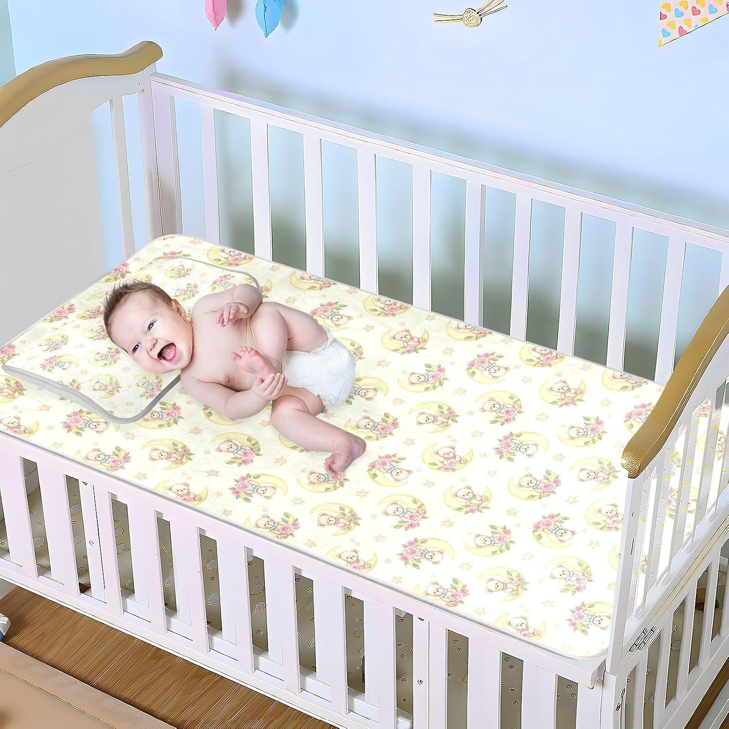 Baby Cooling Mat Cute Teddy Bear Ice Silk Breathable Mesh Summer Crib Mattress Pad with Pillowcase, Soft Cooling Sleeping Surface for Infant & Toddler, 52"x28"