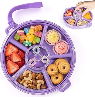 Kids Divided Snack Box with Hand Strap, Reusable 5-Compartment Kids Snack Container, BPA-Free Portable Candy & Nut Serving Platter for Travel, Parties, Picnics (Purple)