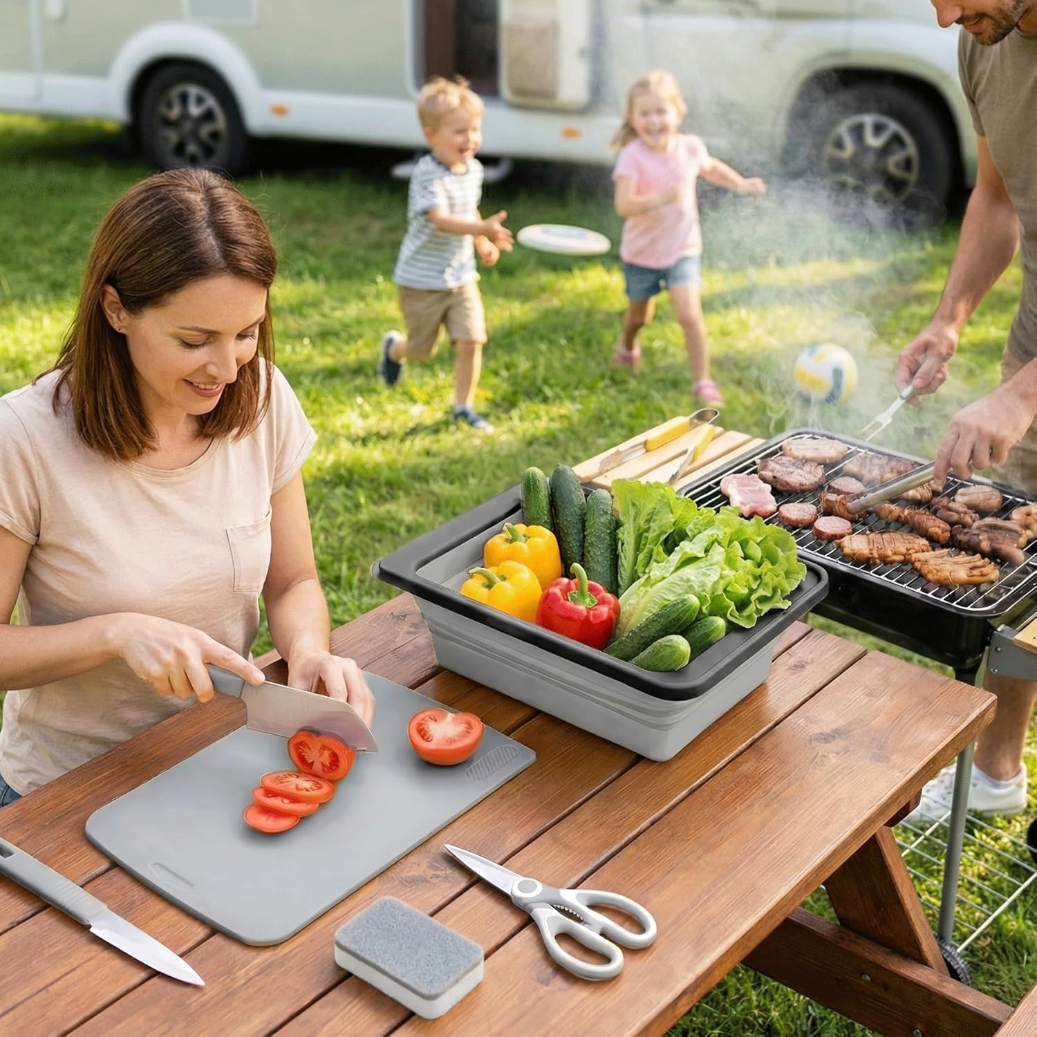 Camping Cutting Board Set - 7-in-1 Portable Foldable Chopping Board with Knife, Vegetable Washing Basket, Kitchen Essentials for Camping, RV, Picnic, Travel & Outdoor Cooking - Image 3
