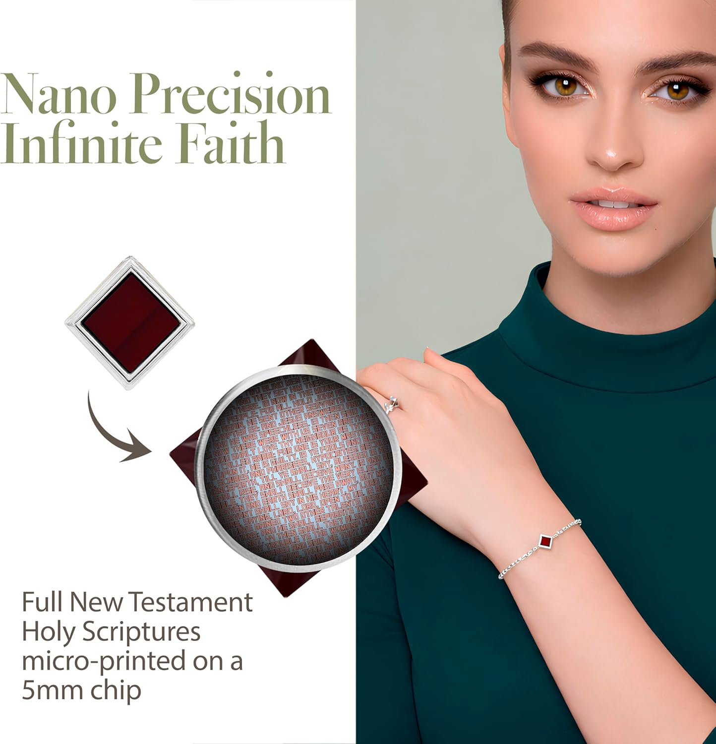 Smallest Nano Bible Christian Charm Bracelet - Tiny Square Rhombus for Women with Entire KJV New Testament Holy Scriptures on 0.2" Microchip, Religious Jewelry for Her, 6.5+2" Extension