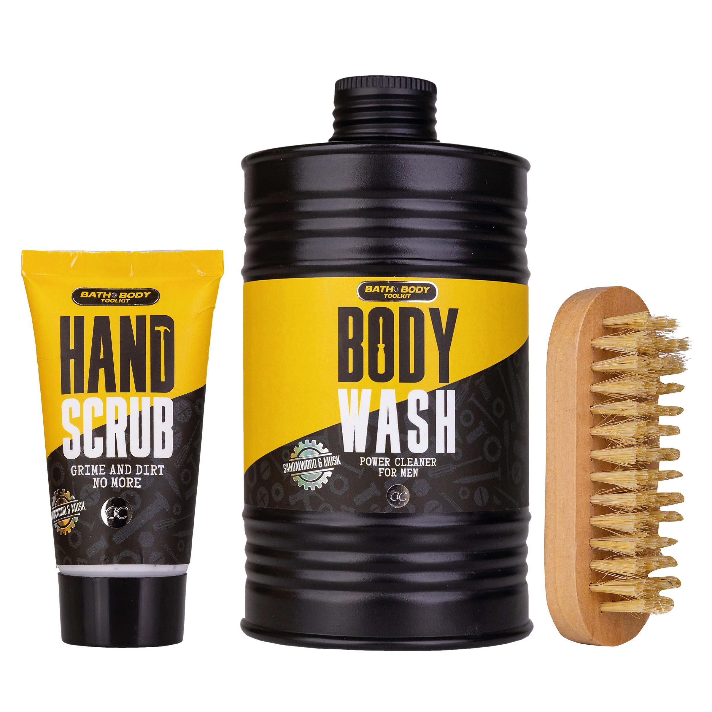 Accentra Coffret cadeau Bath + Body Toolkit pour homme, gel douche 400 ml, gommage pour les mains 50 ml et brosse à ongles en bois emballés dans une mallette à outils cool